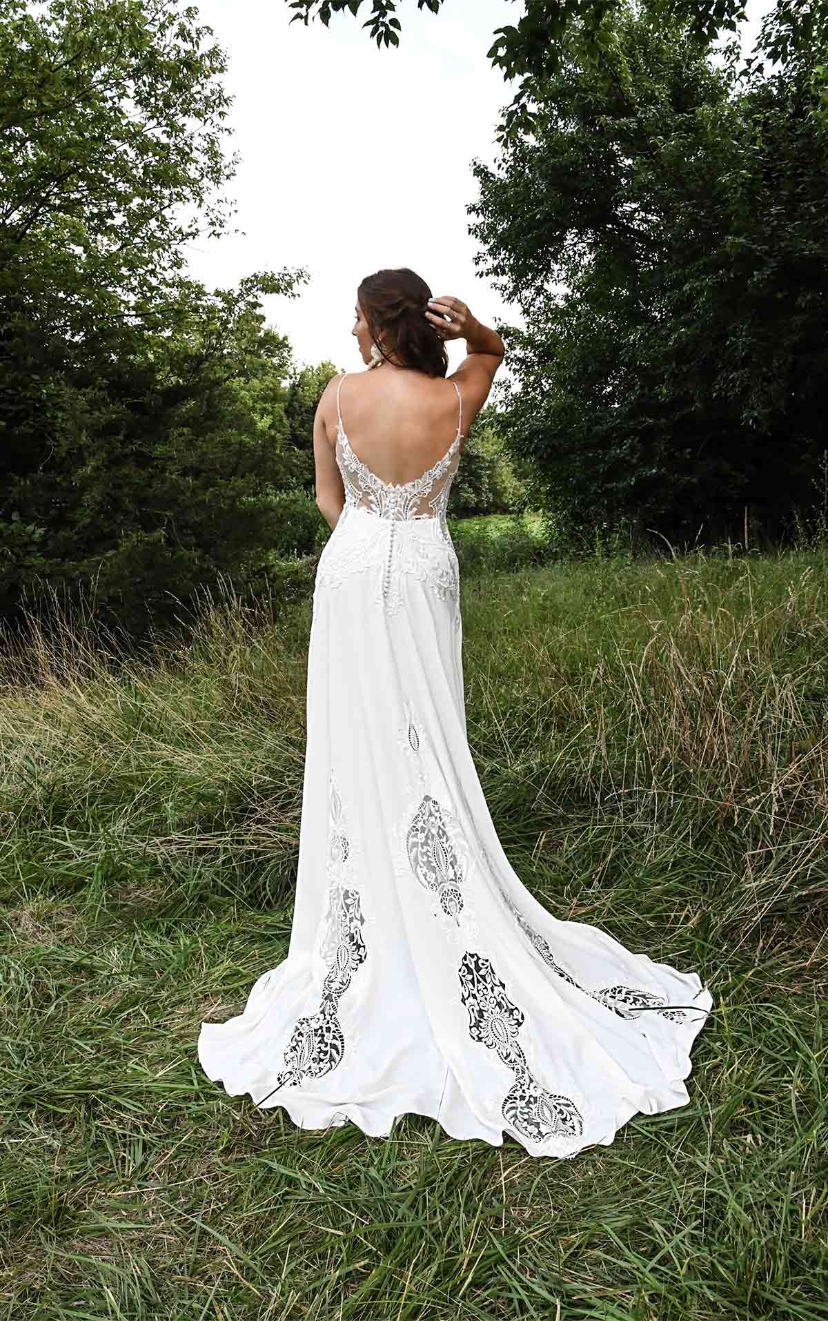 DELTA Embroidered Boho Wedding Dress with Textured Lace and Plunging Sweetheart Neckline by All Who Wander