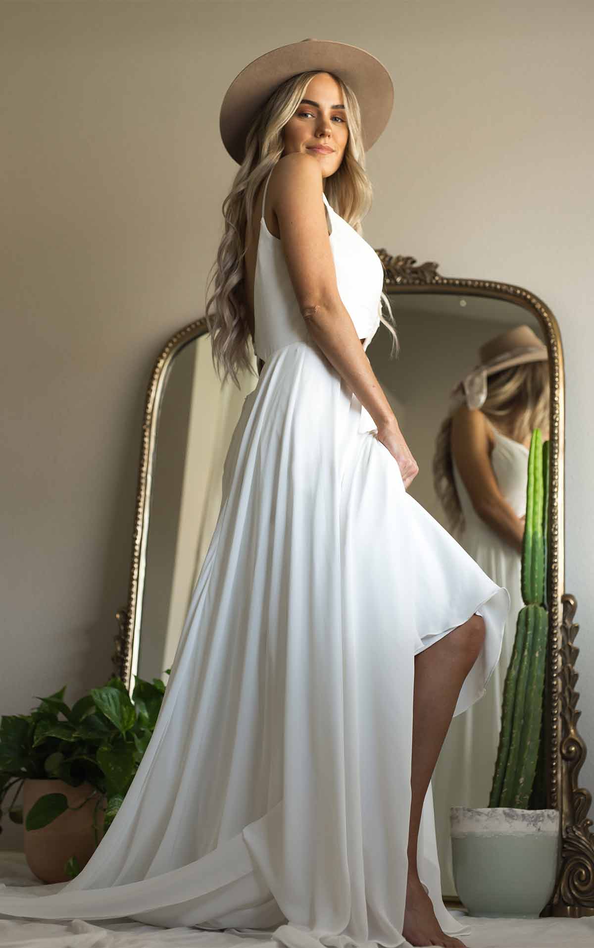THEA Crepe Boho Beach Wedding Dress with Off-Shoulder Sleeves and Cutouts by All Who Wander