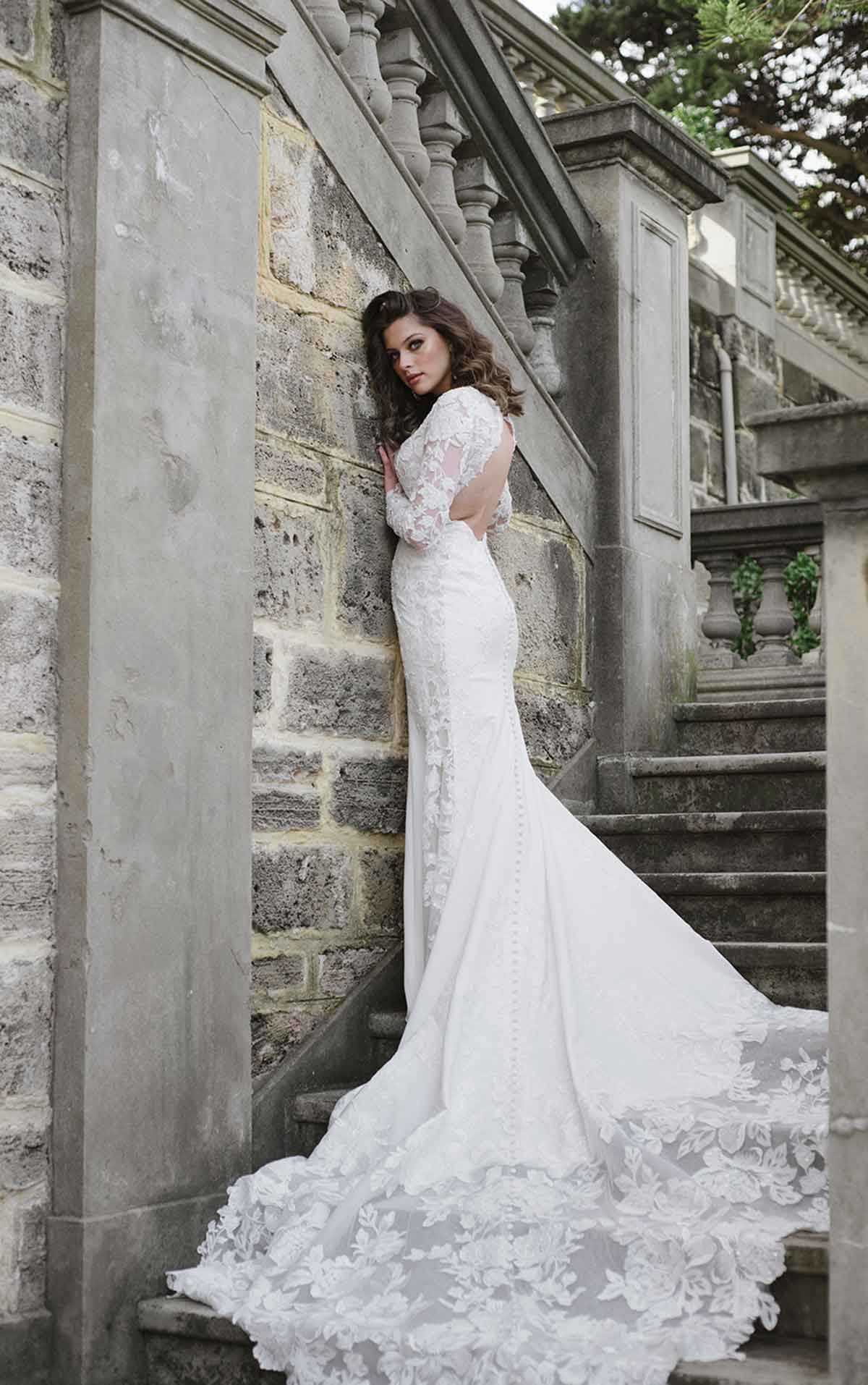 1302 Elegant Lace Wedding Dress with Plunge Back and Long Sleeves by Martina Liana