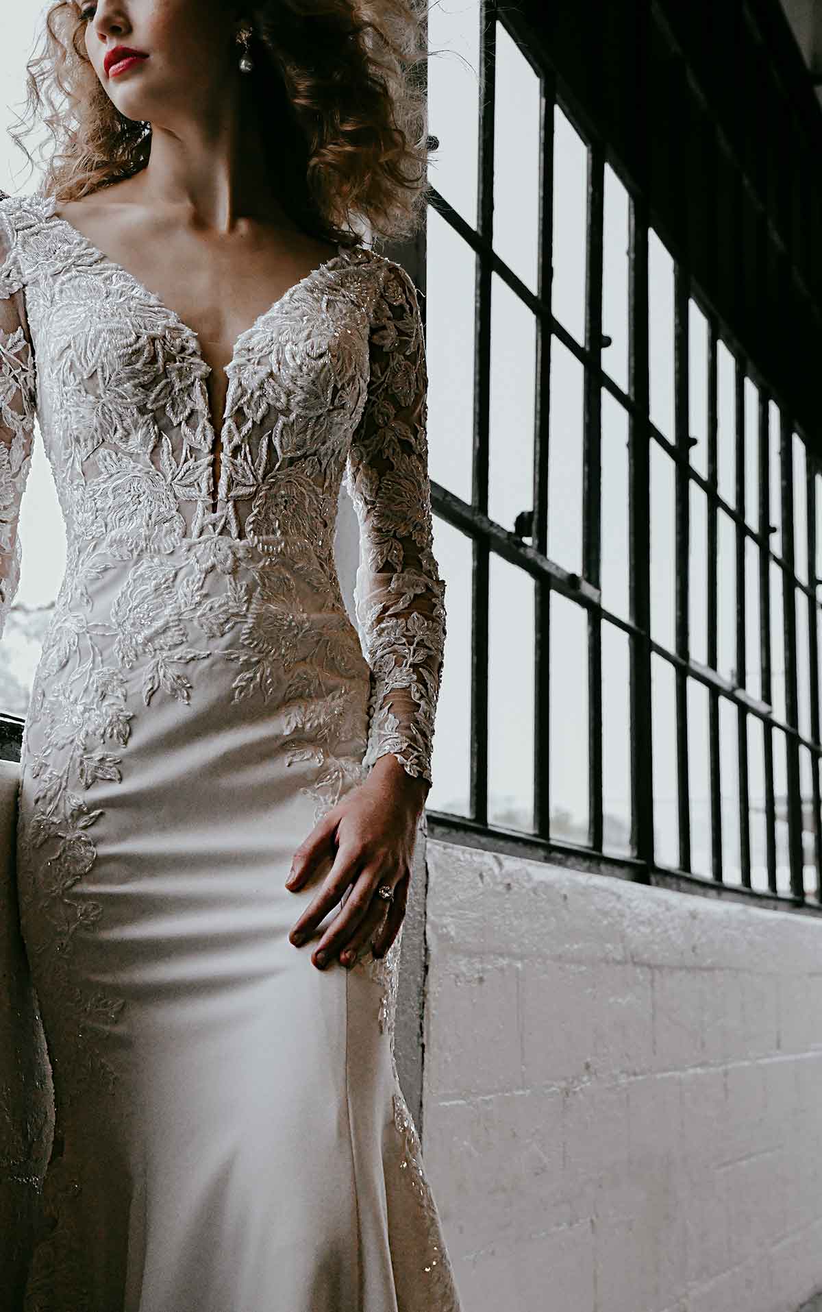 1302 Elegant Lace Wedding Dress with Plunge Back and Long Sleeves by Martina Liana