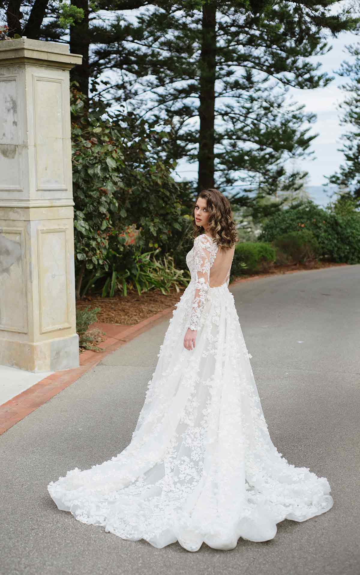 LE1118 3D Floral Lace Wedding Dress with Sleeves by Martina Liana