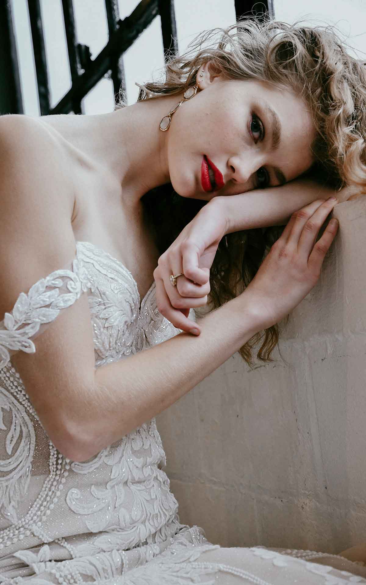 1267 Off-Shoulder  Lace Wedding Dress with Shaped Train by Martina Liana