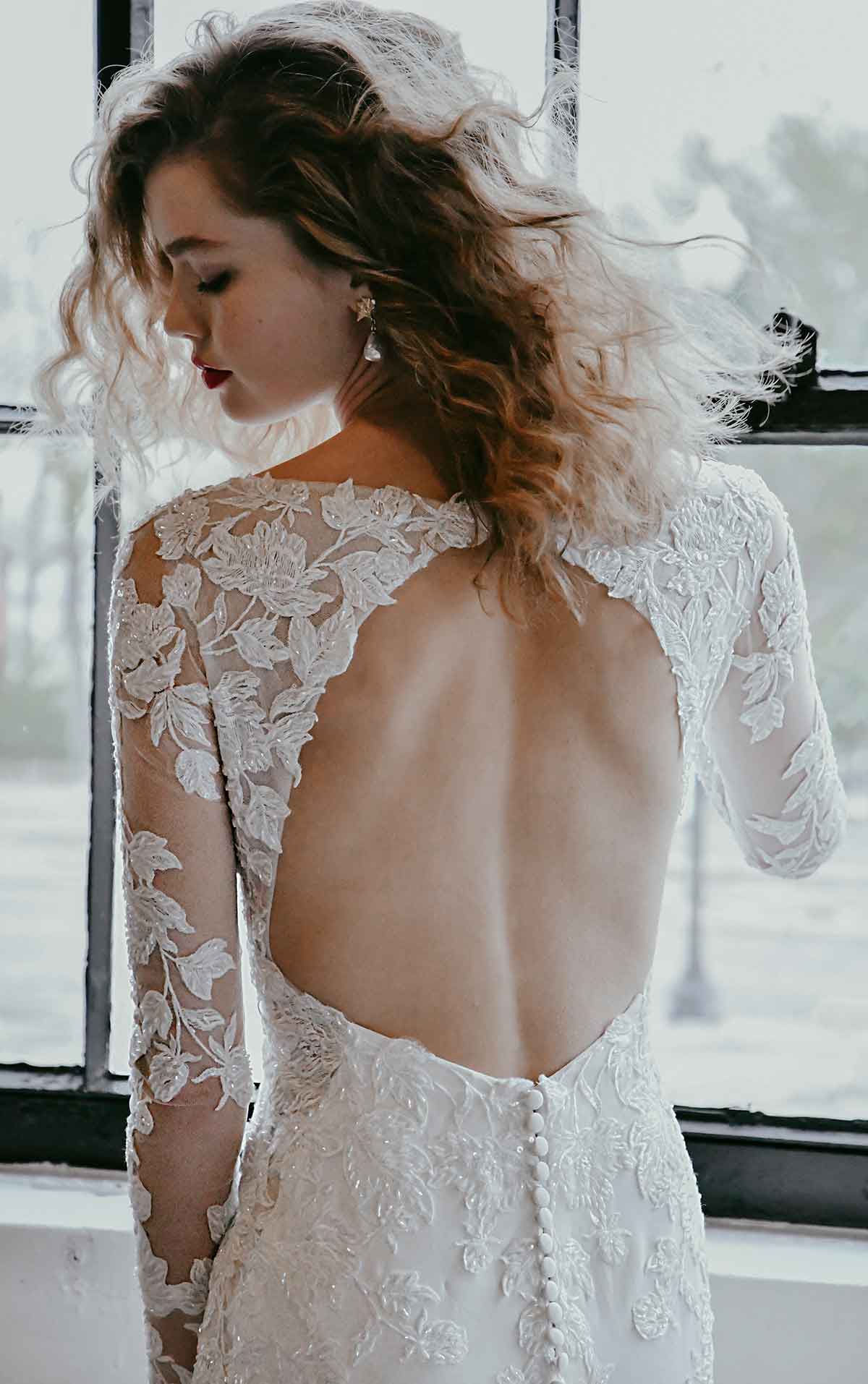 1302 Elegant Lace Wedding Dress with Plunge Back and Long Sleeves  by Martina Liana