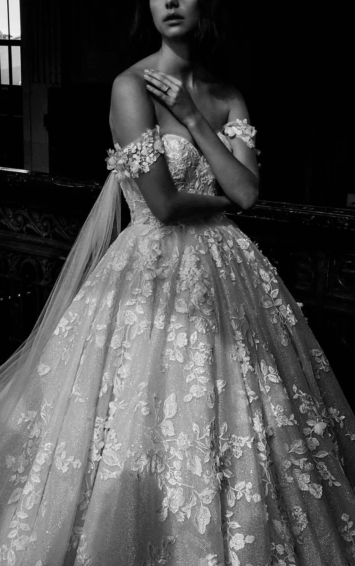 LE1117 High-Volume Lace Ballgown with Tulle Streamers by Martina Liana