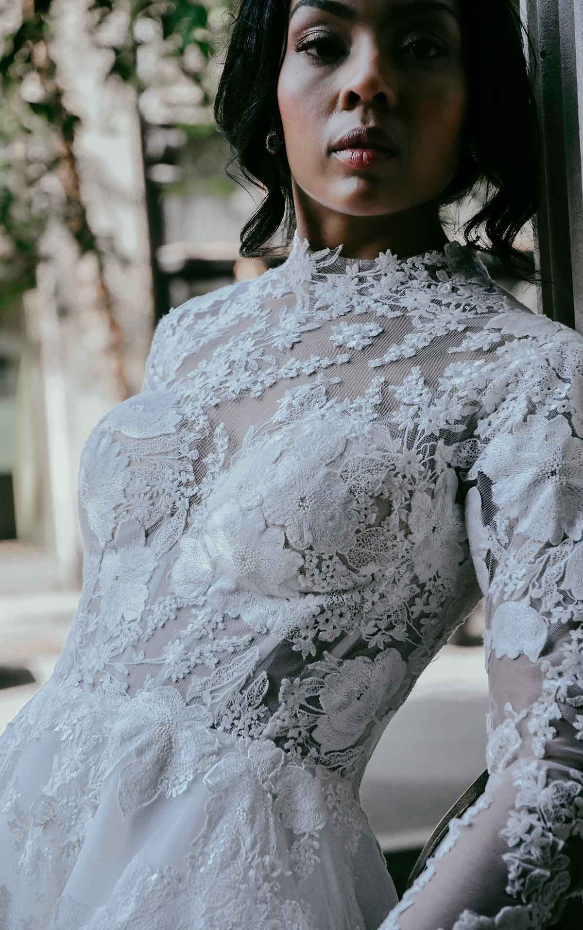 LE1128 High-Neck Ballgown with Cotton Lace and Long Sleeves by Martina Liana
