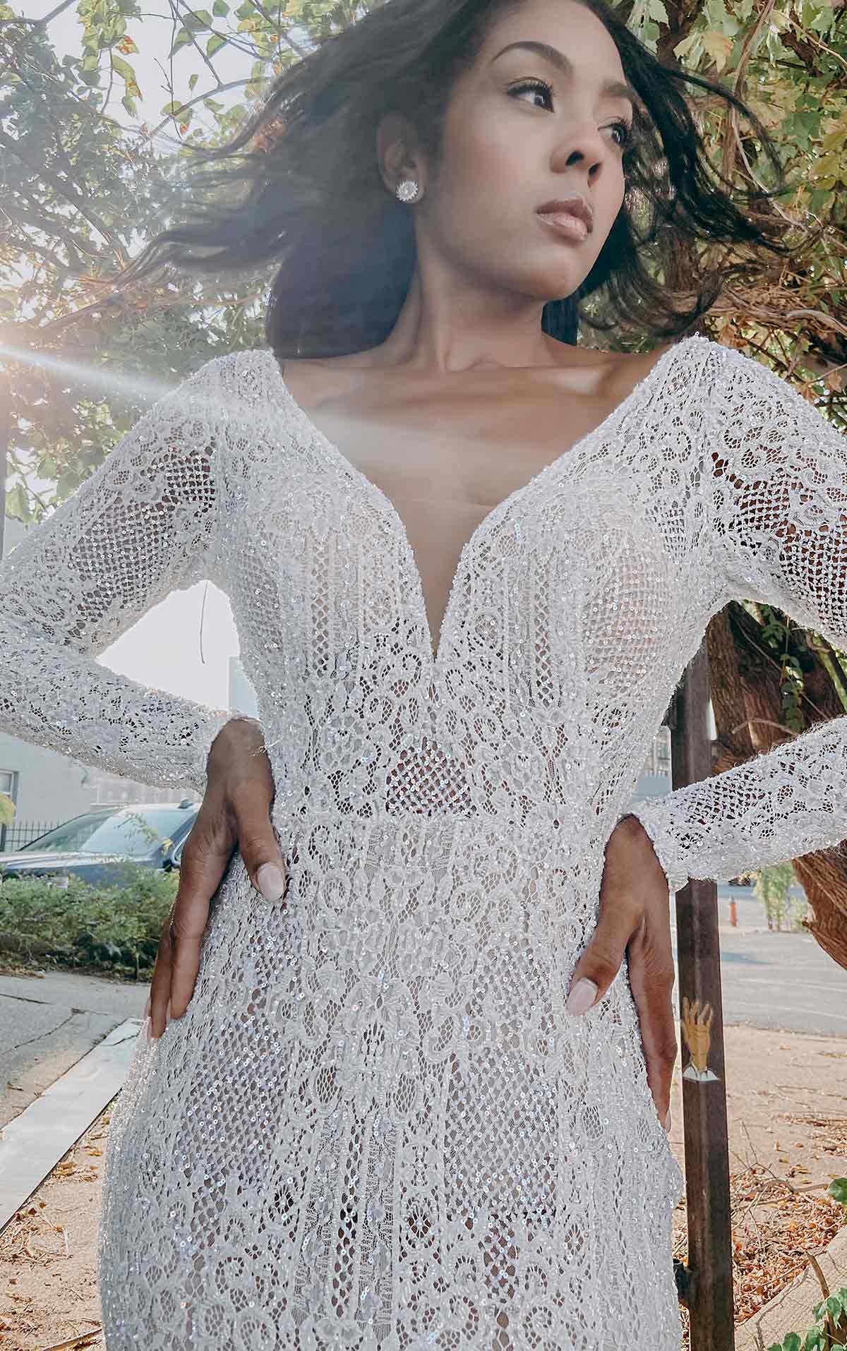 LE1113 Backless Sparkling Lace and Tulle Sheath with Long Sleeves by Martina Liana