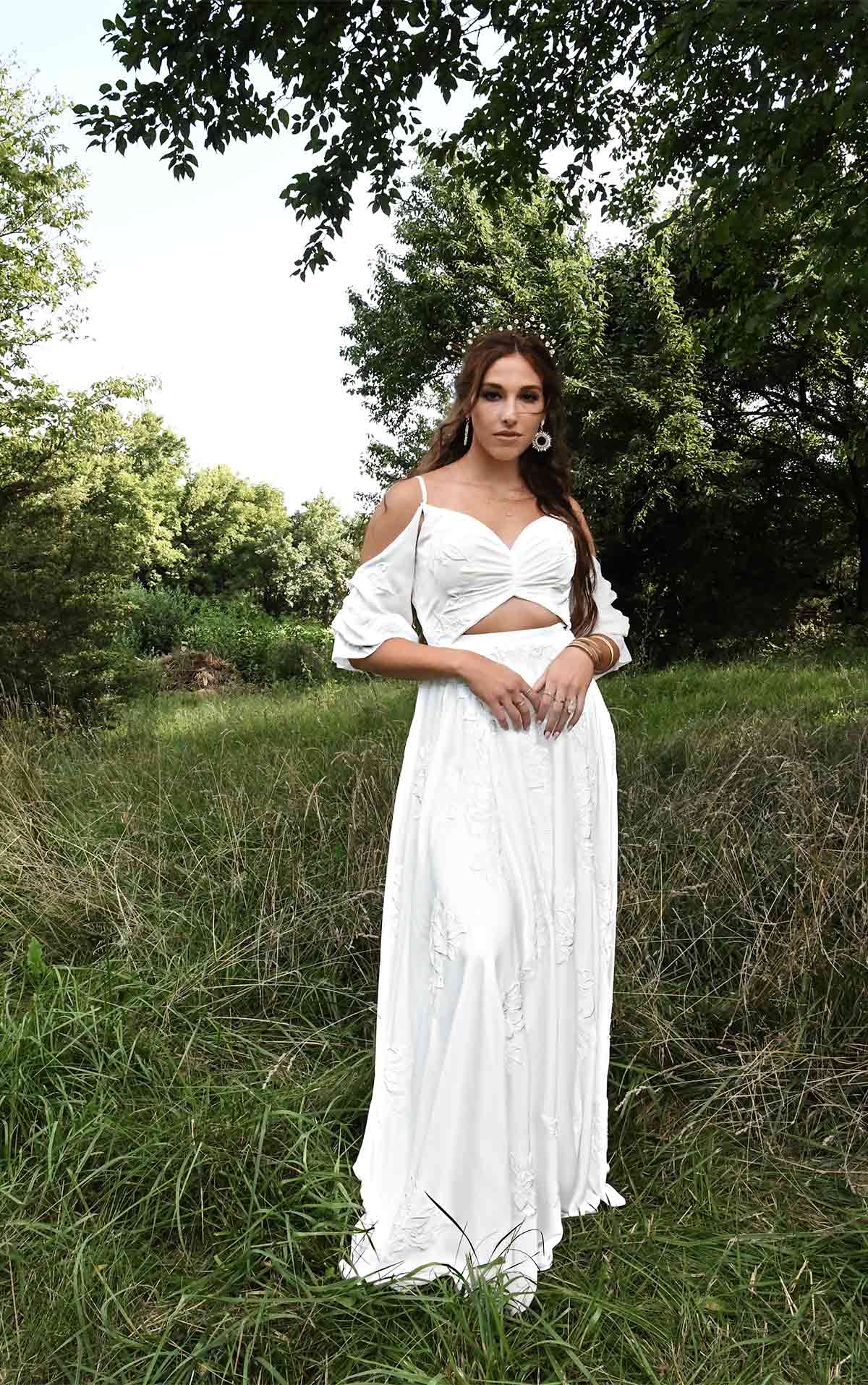 THEA Crepe Boho Beach Wedding Dress with Off-Shoulder Sleeves and Cutouts by All Who Wander