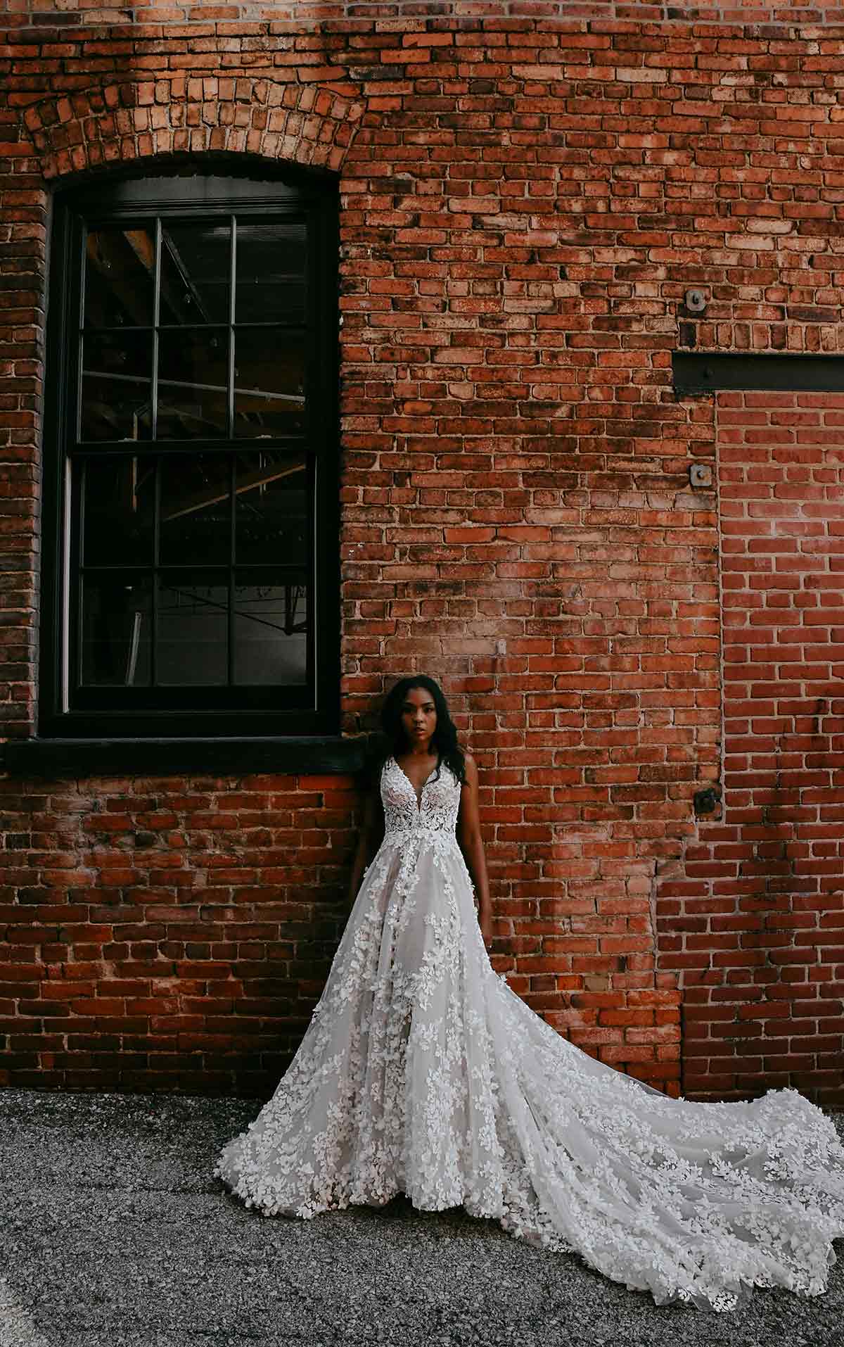 LE1118 3D Floral Lace Wedding Dress with Sleeves by Martina Liana