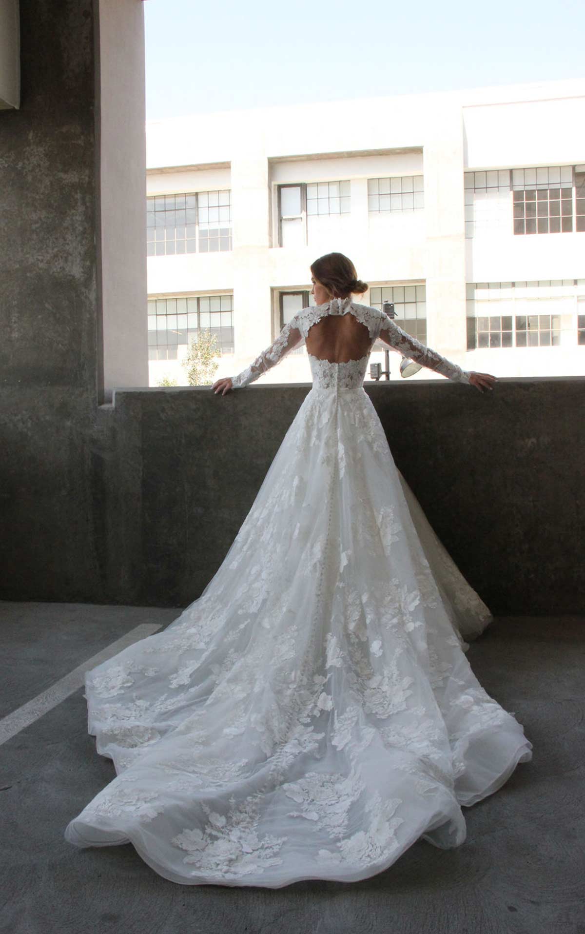 LE1128 High-Neck Ballgown with Cotton Lace and Long Sleeves by Martina Liana
