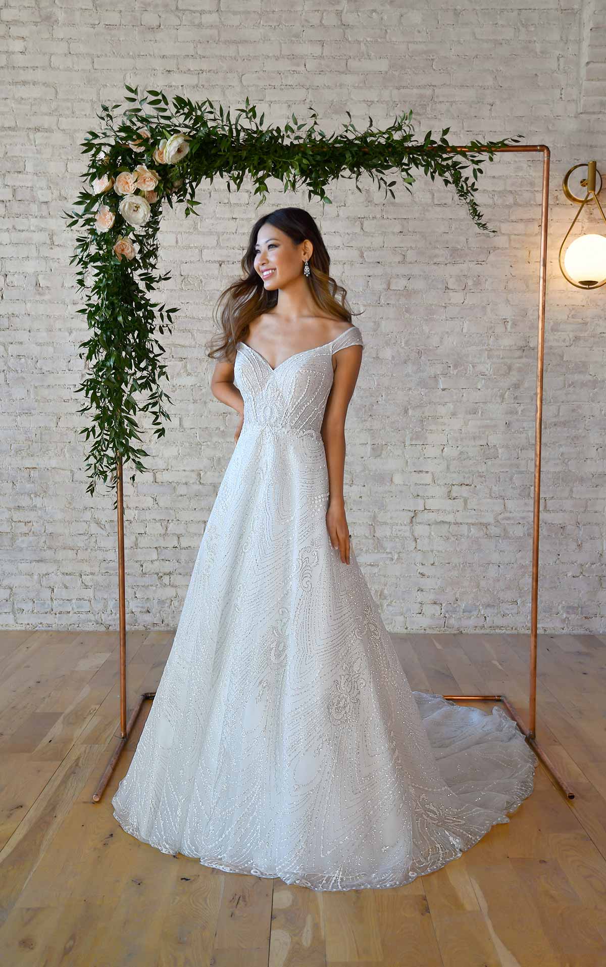 7336 Sparkling A-Line Wedding Dress with Off-the-Shoulder Strap by Stella York