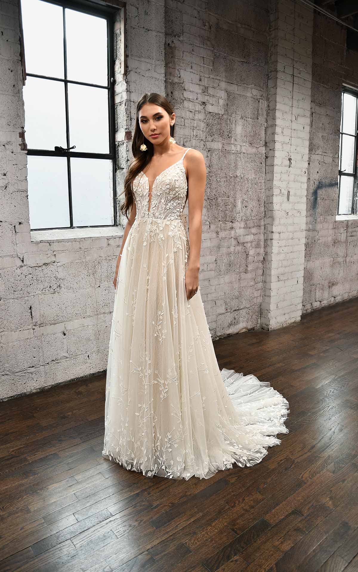 1323 Romantic Lace Wedding Dress with 3D Floral Embellishments  by Martina Liana