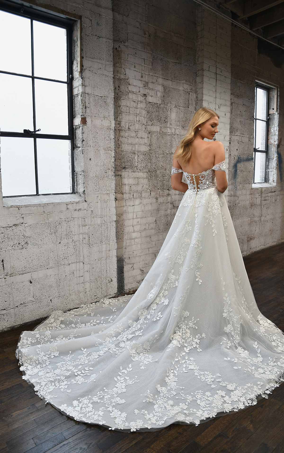 1342 Sweetheart Off-the-Shoulder Wedding Dress with Floral Lace Details by Martina Liana