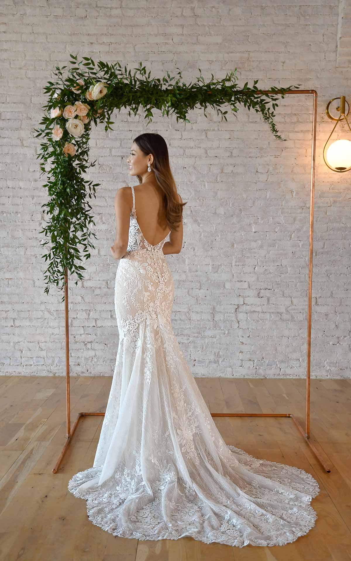 7370 Backless Floral Lace Fit-and-Flare Wedding Dress  by Stella York