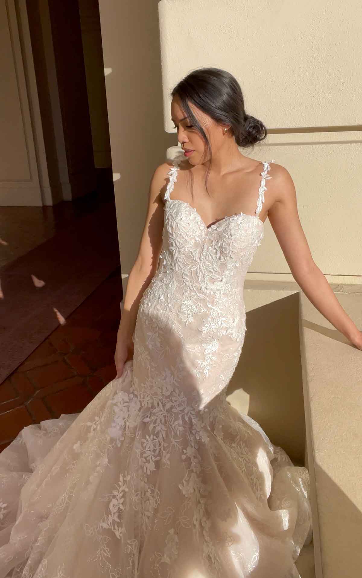 1375 Plunging V-Neckline Wedding Dress with Floral Skirt by Martina Liana