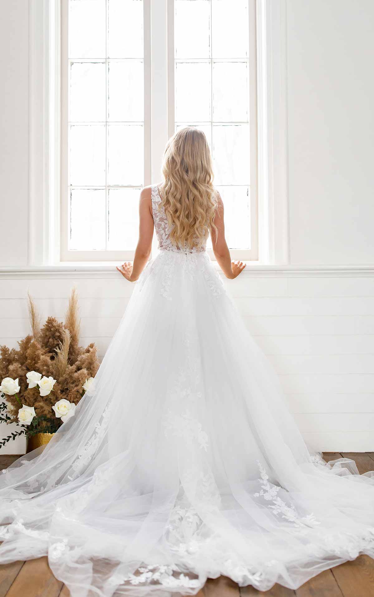 7194 Floral Lace Wedding Dress with Plunging V-Neckline by Stella York