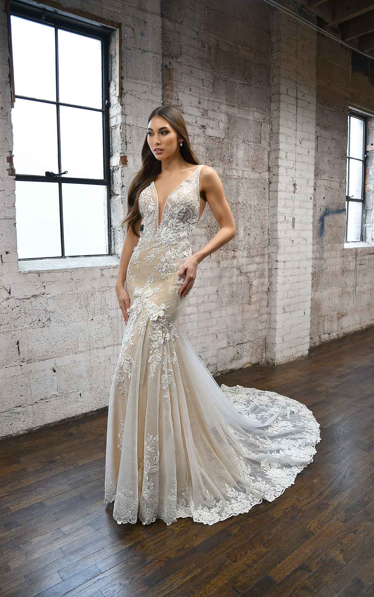 1374 Floral V-Neckline Fit-and-Flare Wedding Dress with Streamers by Martina Liana