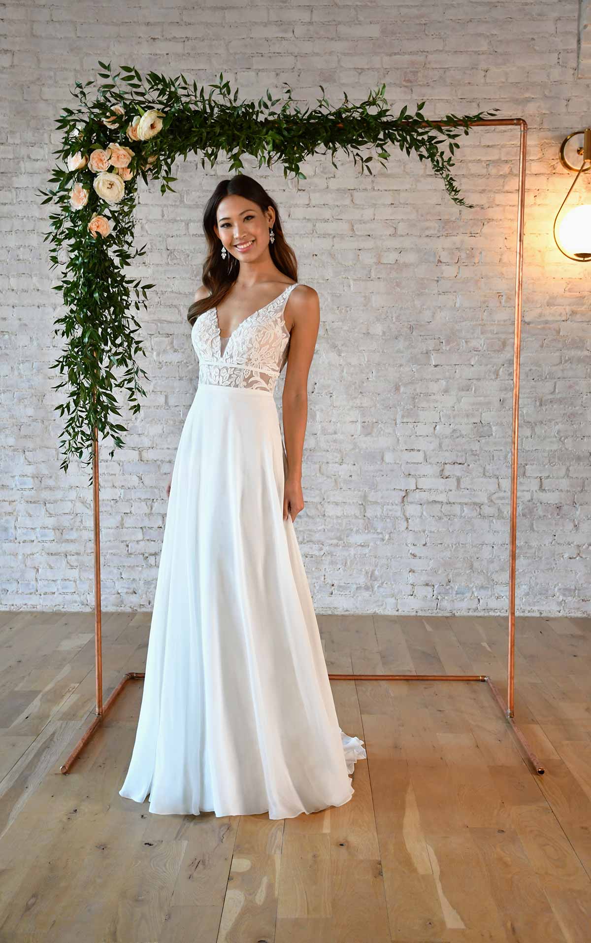 7302 Simple Wedding Dress with V-Neckline and Lace Bodice by Stella York