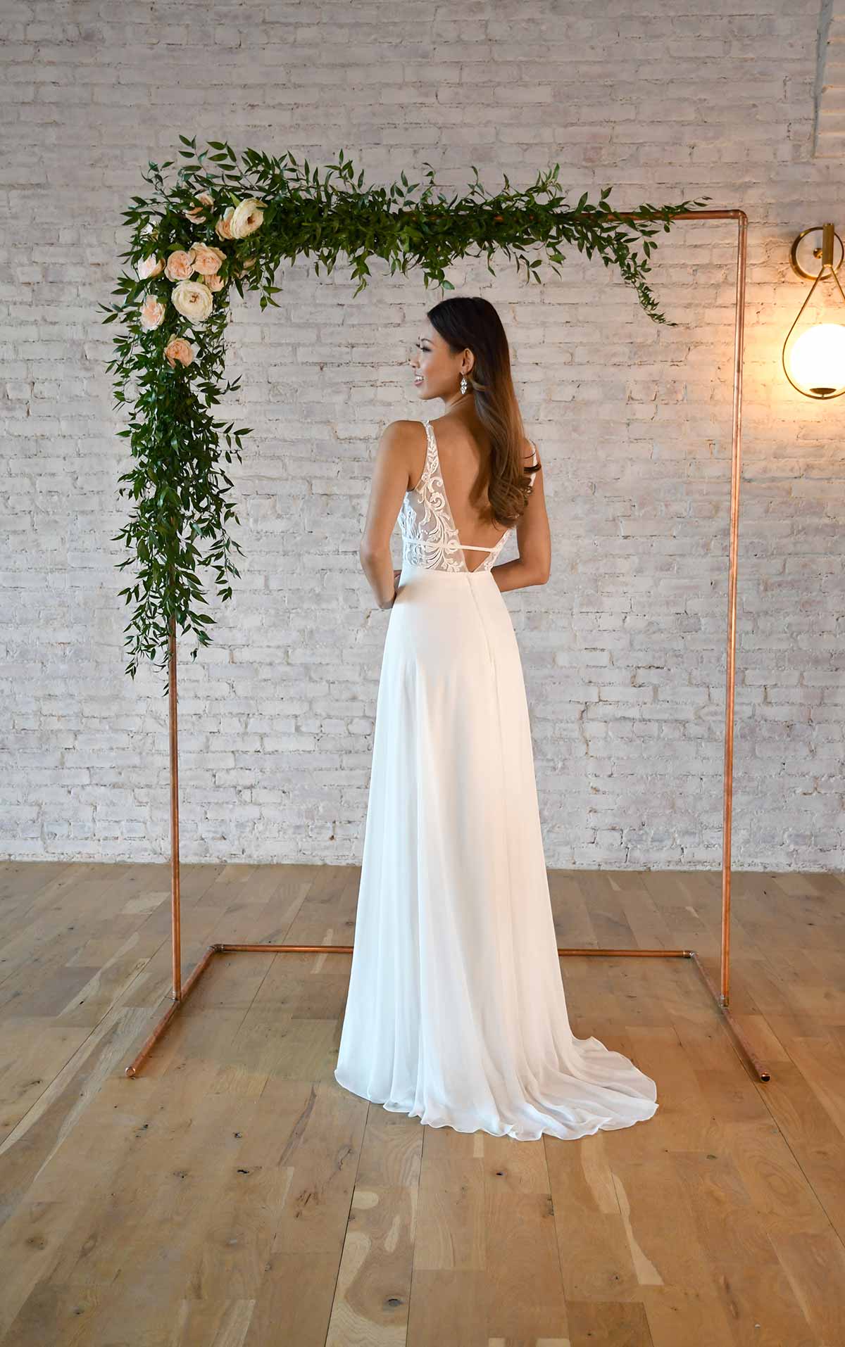 7302 Simple Wedding Dress with V-Neckline and Lace Bodice by Stella York