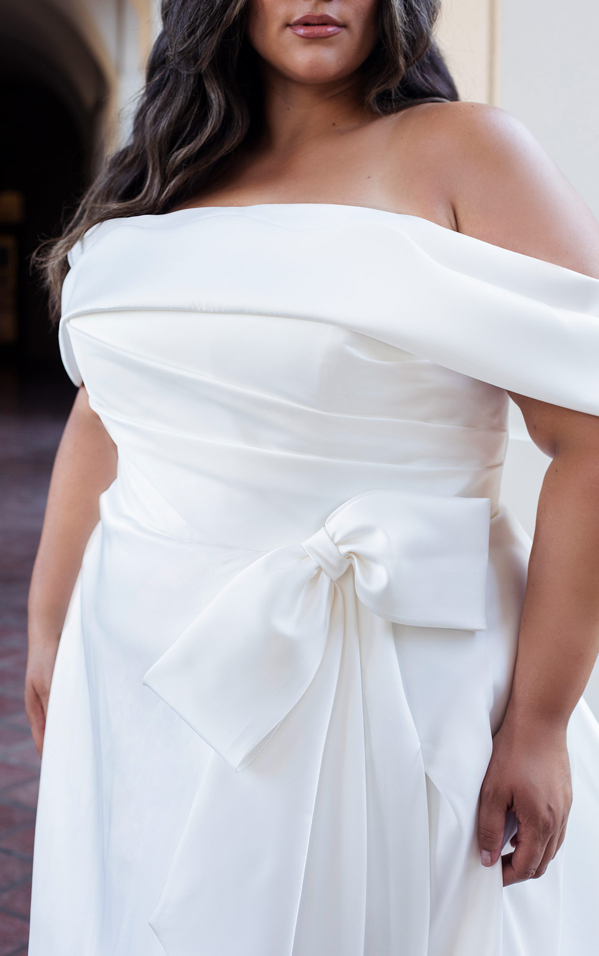 d3631+ Chic Plus Size Off-the-Shoulder A-Line Wedding Dress with Detachable Bow  by Essense of Australia